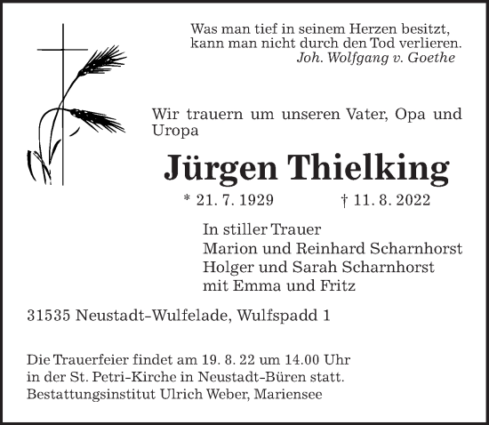 Traueranzeige von Jürgen Thielking von Hannoversche Allgemeine Zeitung/Neue Presse
