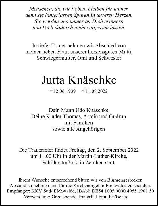 Traueranzeige von Jutta Knäschke von Märkischen Allgemeine Zeitung