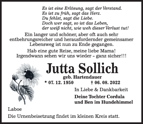 Traueranzeige von Jutta Sollich von Kieler Nachrichten