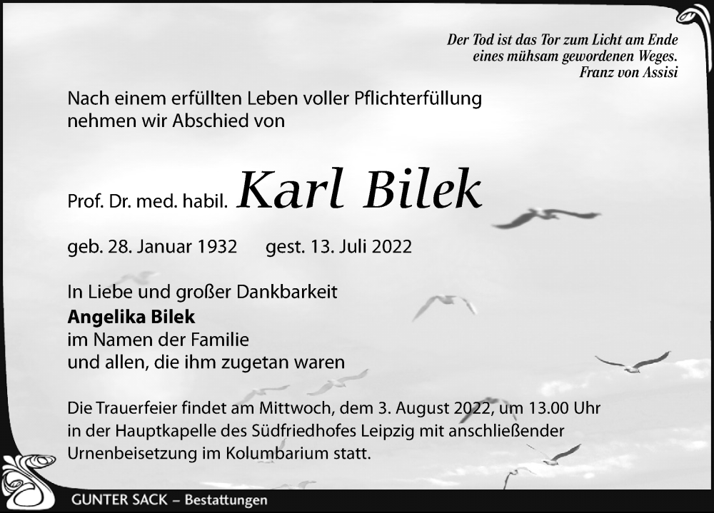  Traueranzeige für Karl Bilek vom 16.07.2022 aus Leipziger Volkszeitung