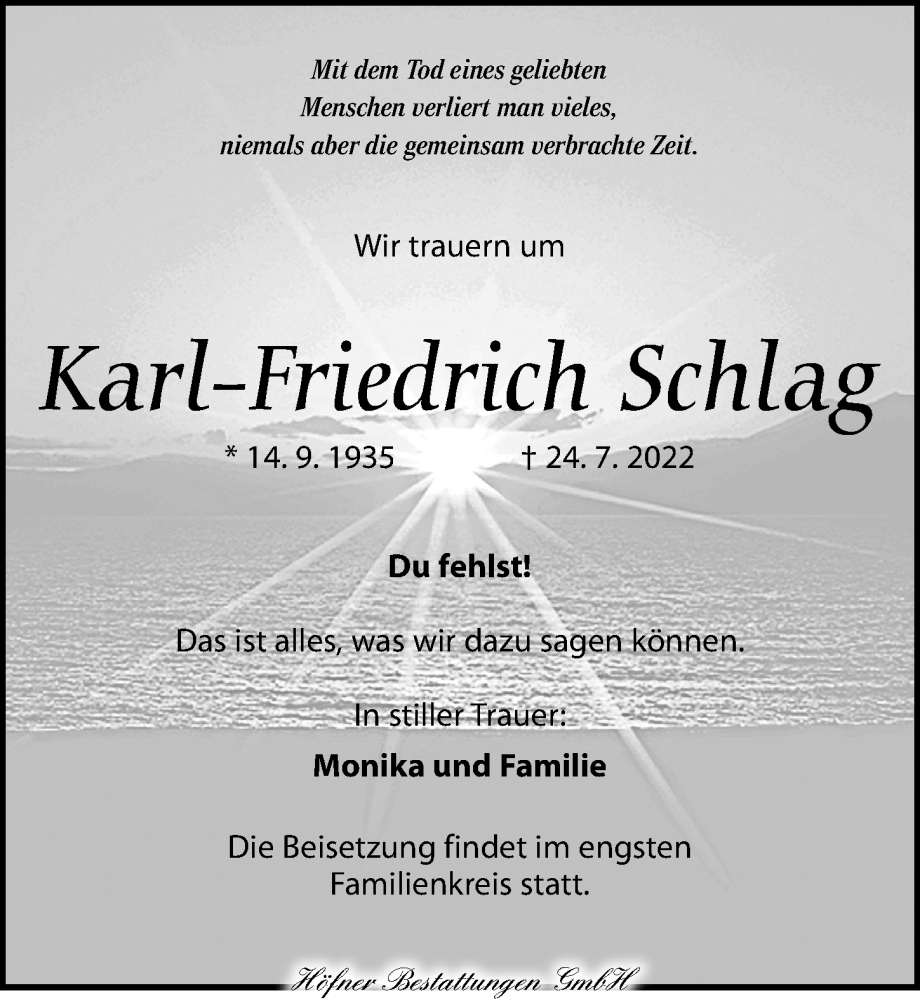  Traueranzeige für Karl-Friedrich Schlag vom 06.08.2022 aus Torgauer Zeitung