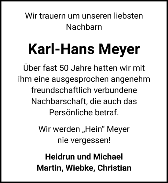 Traueranzeige von Karl-Hans Meyer von Aller Zeitung