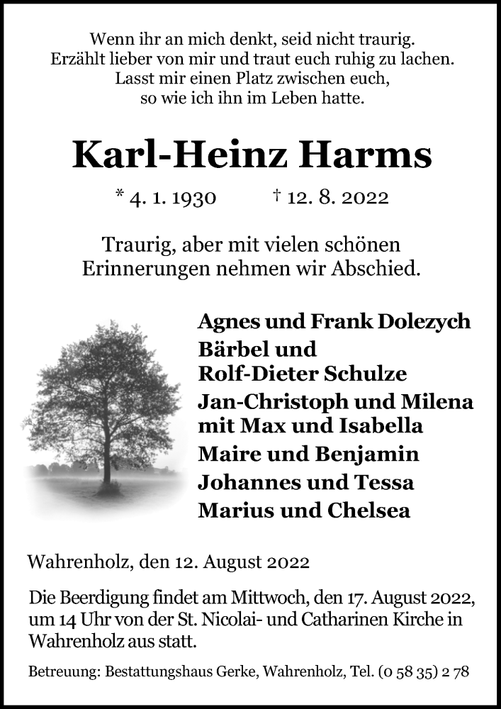  Traueranzeige für Karl-Heinz Harms vom 16.08.2022 aus Aller Zeitung