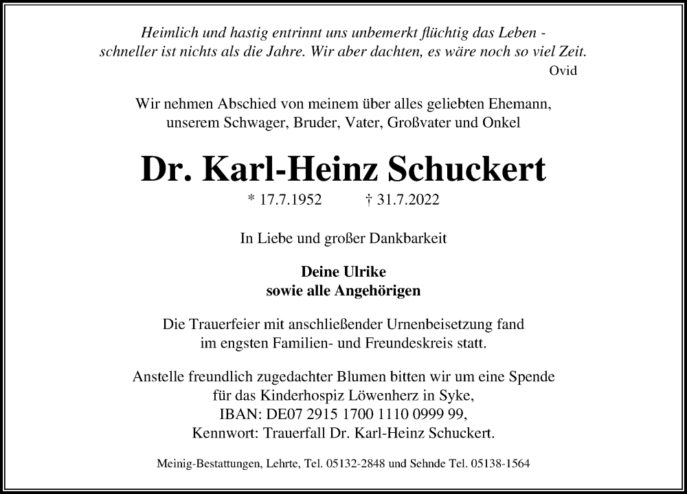  Traueranzeige für Karl-Heinz Schuckert vom 20.08.2022 aus Hannoversche Allgemeine Zeitung/Neue Presse