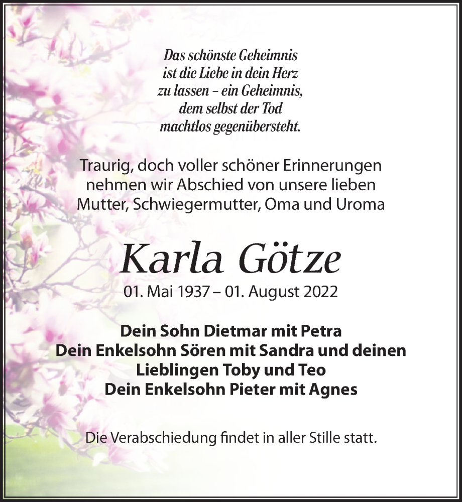  Traueranzeige für Karla Götze vom 13.08.2022 aus Leipziger Volkszeitung