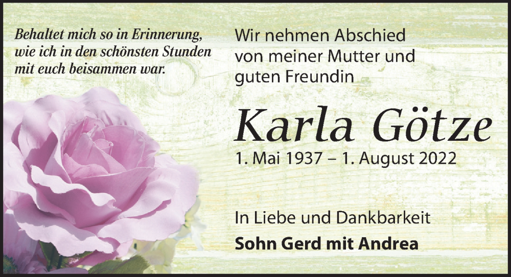  Traueranzeige für Karla Götze vom 06.08.2022 aus Leipziger Volkszeitung