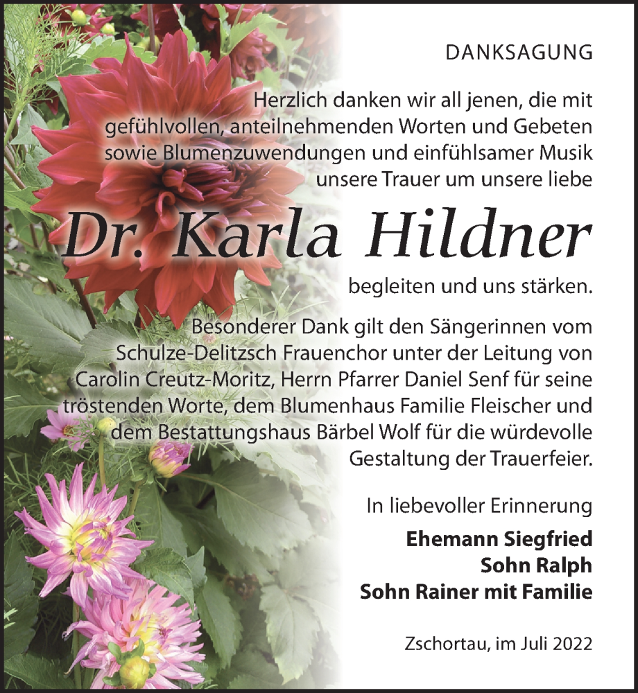  Traueranzeige für Karla Hildner vom 23.07.2022 aus Leipziger Volkszeitung