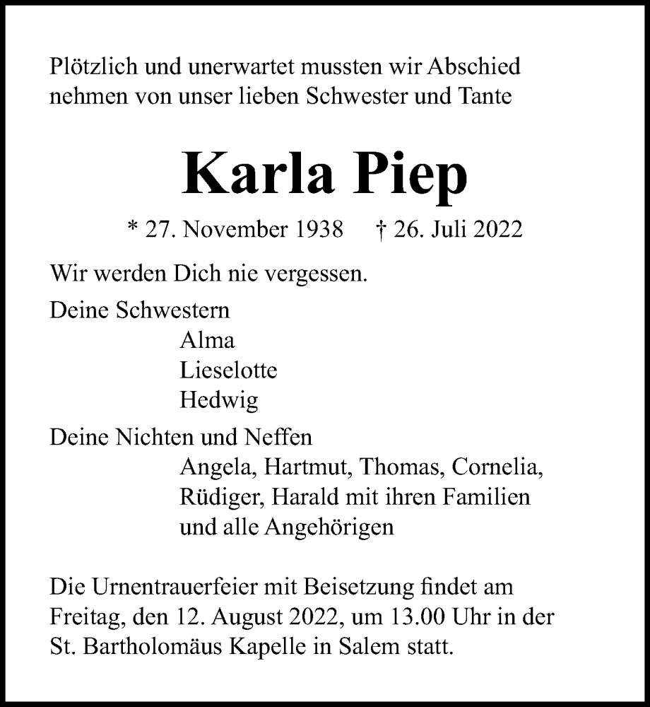  Traueranzeige für Karla Piep vom 06.08.2022 aus Lübecker Nachrichten
