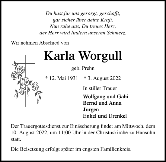 Traueranzeige von Karla Worgull von Lübecker Nachrichten