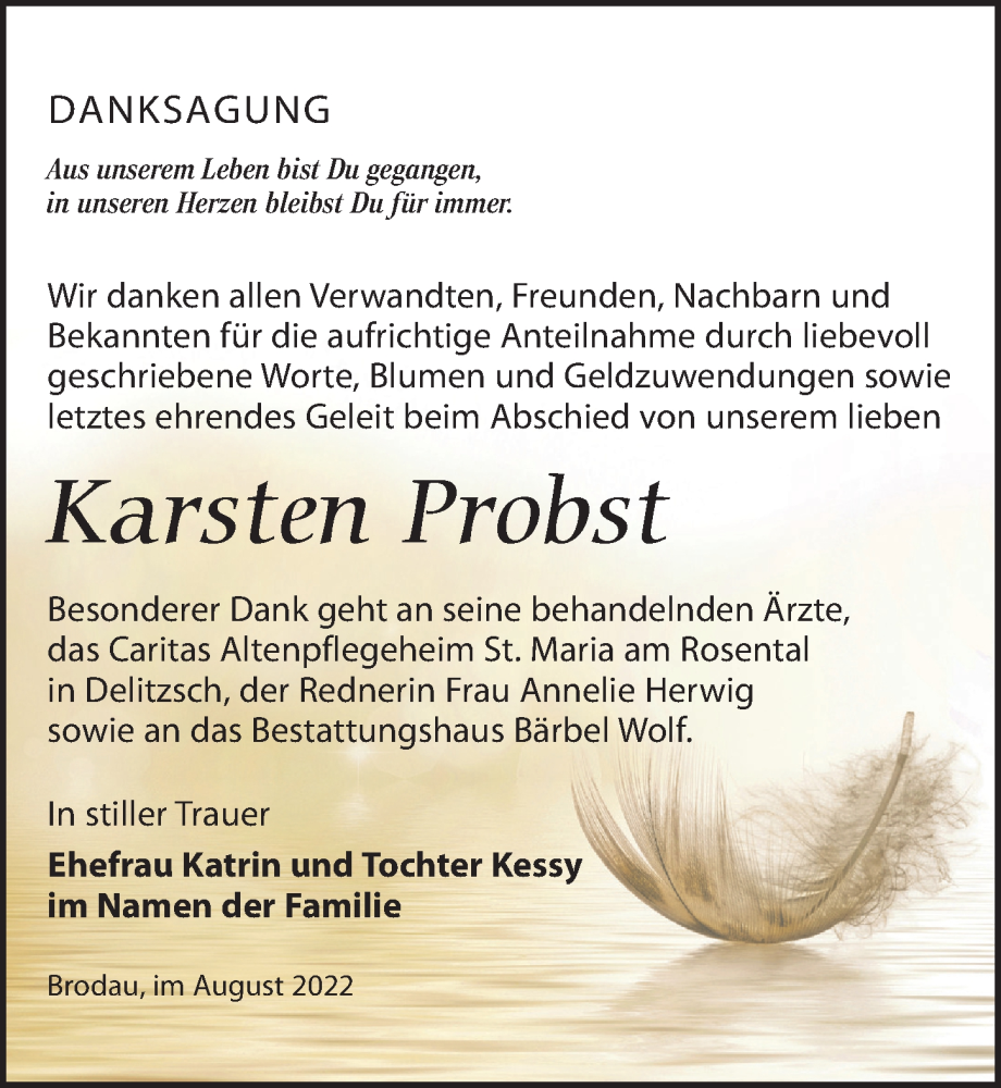  Traueranzeige für Karsten Probst vom 20.08.2022 aus Leipziger Volkszeitung
