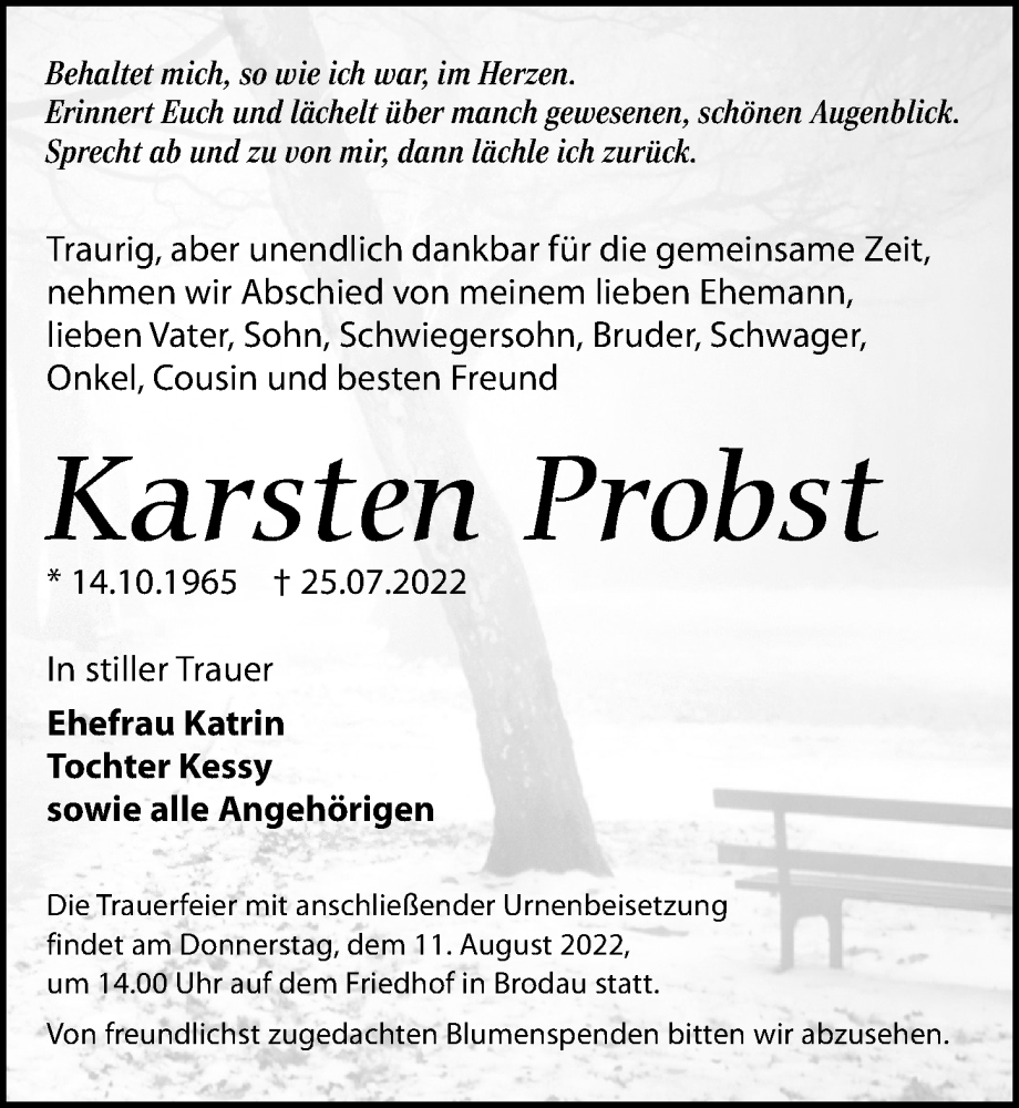  Traueranzeige für Karsten Probst vom 30.07.2022 aus Leipziger Volkszeitung