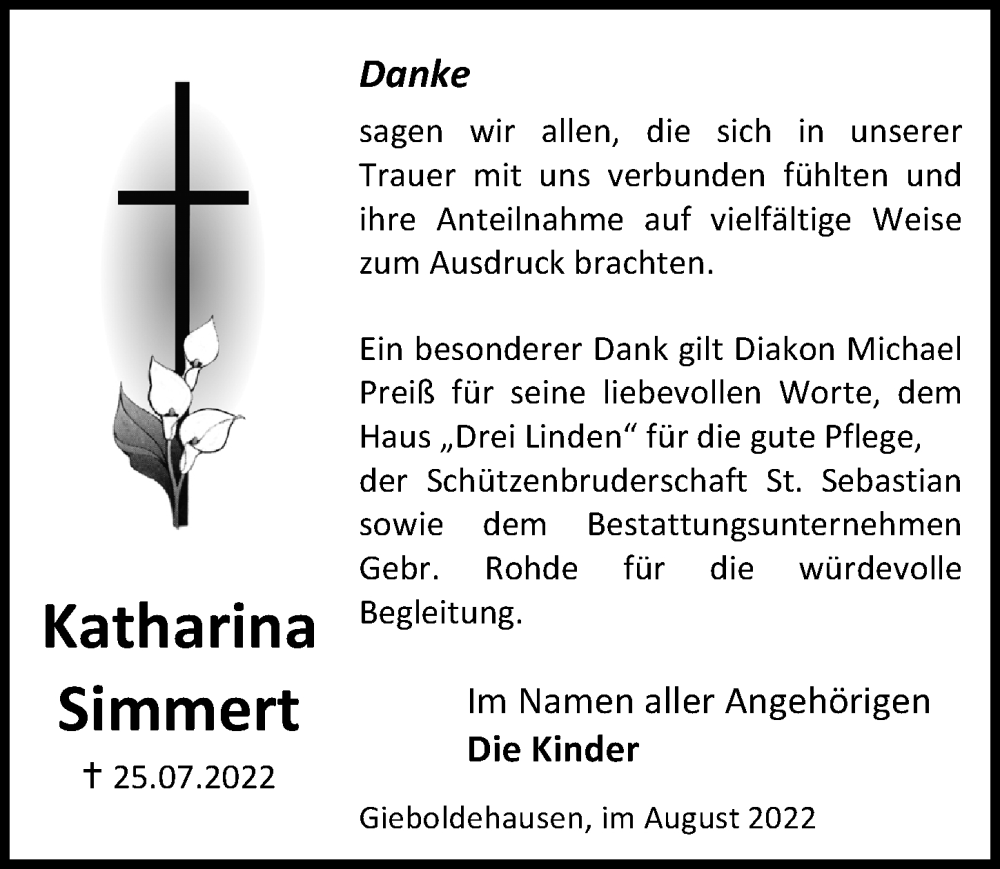  Traueranzeige für Katharina Simmert vom 06.08.2022 aus Eichsfelder Tageblatt