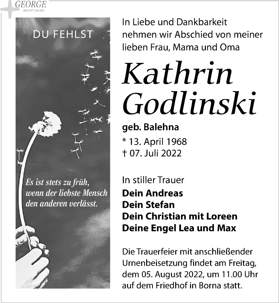  Traueranzeige für Kathrin Godlinski vom 23.07.2022 aus Leipziger Volkszeitung