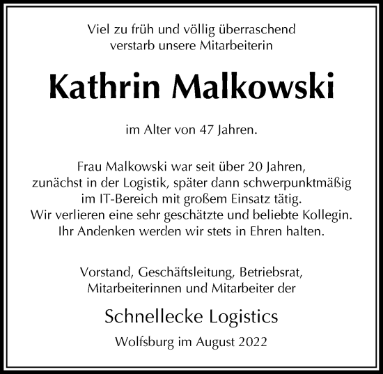 Traueranzeige von Kathrin Malkowski von Aller Zeitung