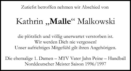 Traueranzeige von Kathrin Malkowski von Peiner Allgemeine Zeitung