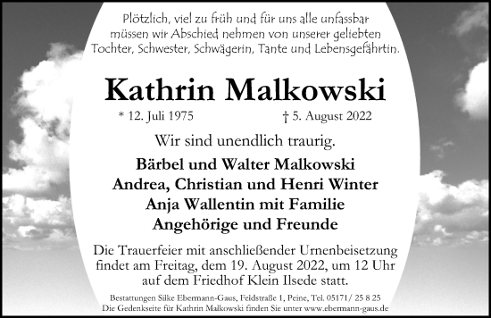 Traueranzeige von Kathrin Malkowski von Peiner Allgemeine Zeitung