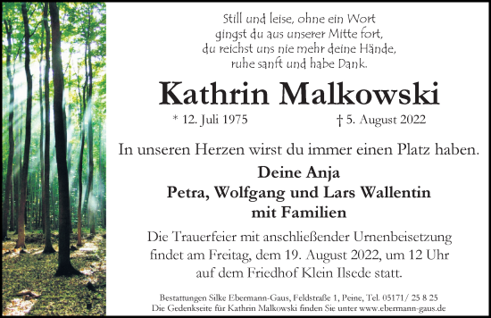 Traueranzeige von Kathrin Malkowski von Peiner Allgemeine Zeitung