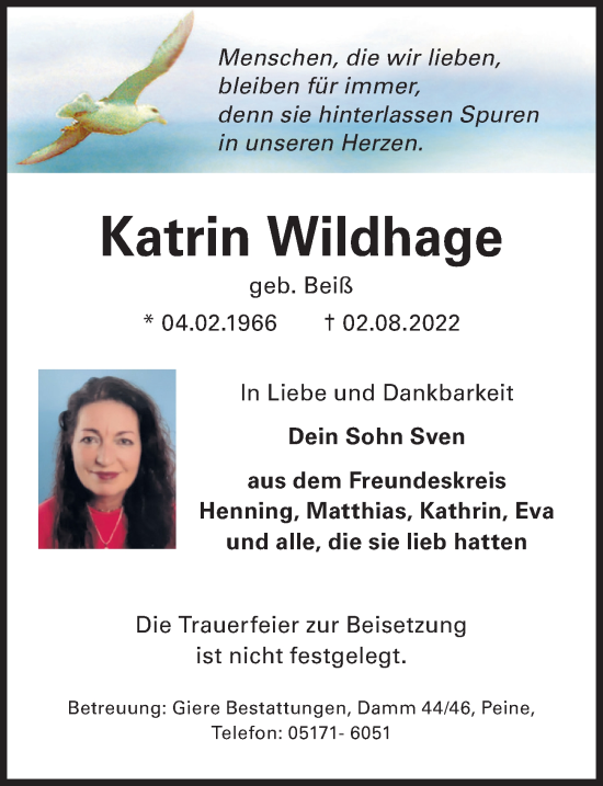 Traueranzeige von Katrin Wildhage von Peiner Allgemeine Zeitung