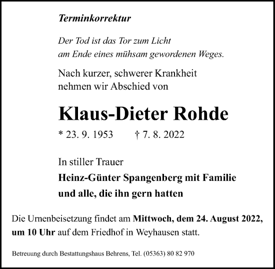 Traueranzeige von Klaus-Dieter Rohde von Aller Zeitung