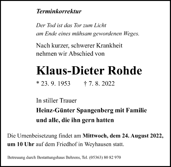 Traueranzeige von Klaus-Dieter Rohde von Aller Zeitung