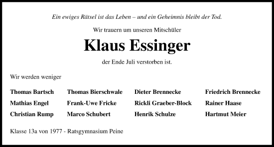 Traueranzeige von Klaus Essinger von Peiner Allgemeine Zeitung