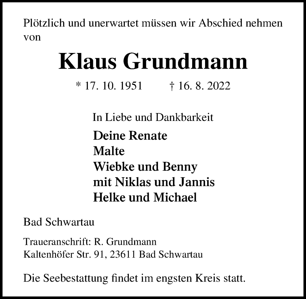  Traueranzeige für Klaus Grundmann vom 21.08.2022 aus Lübecker Nachrichten