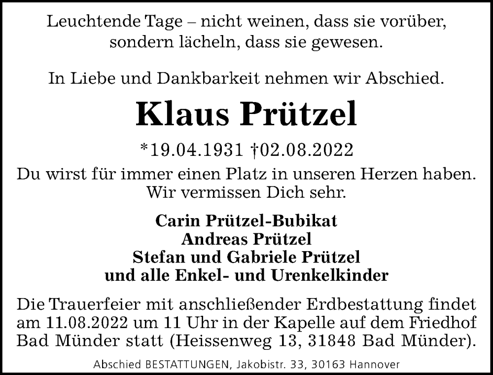  Traueranzeige für Klaus Prützel vom 06.08.2022 aus Hannoversche Allgemeine Zeitung/Neue Presse