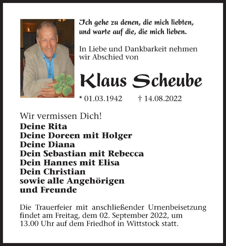  Traueranzeige für Klaus Scheube vom 20.08.2022 aus Märkischen Allgemeine Zeitung