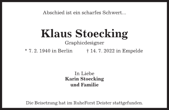 Traueranzeige von Klaus Stoecking von Hannoversche Allgemeine Zeitung/Neue Presse