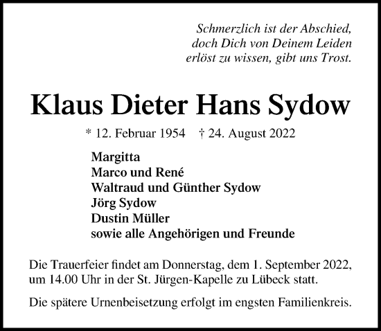 Traueranzeige von Klaus Dieter Hans Sydow von Lübecker Nachrichten