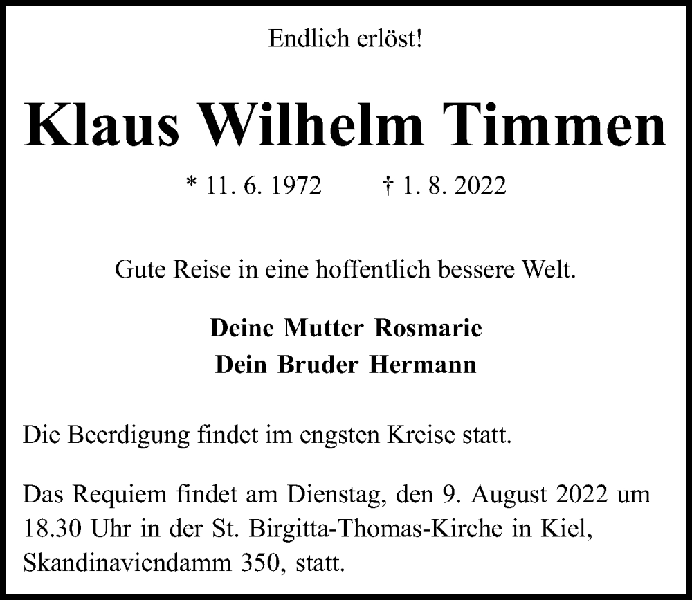  Traueranzeige für Klaus Wilhelm Timmen vom 06.08.2022 aus Kieler Nachrichten