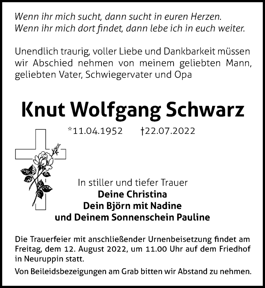  Traueranzeige für Knut Wolfgang Schwarz vom 06.08.2022 aus Märkischen Allgemeine Zeitung