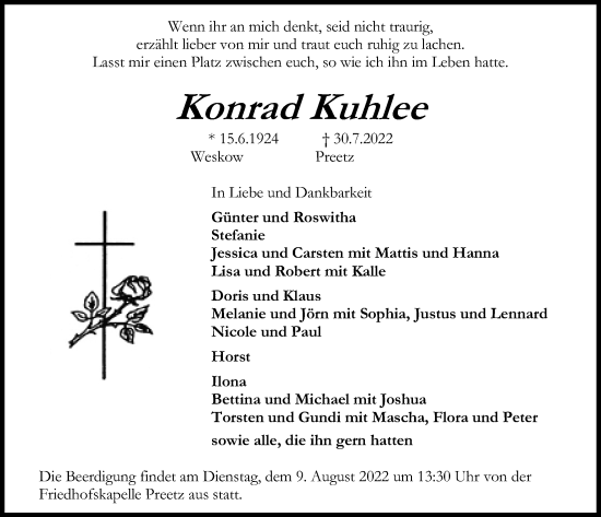 Traueranzeige von Konrad Kuhlee von Kieler Nachrichten