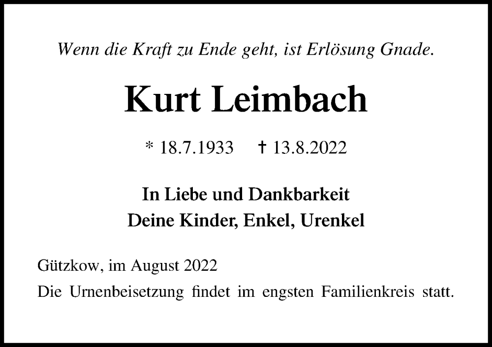  Traueranzeige für Kurt Leimbach vom 20.08.2022 aus Ostsee-Zeitung GmbH