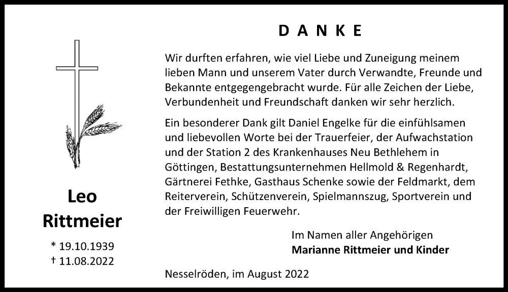  Traueranzeige für Leo Rittmeier vom 27.08.2022 aus Eichsfelder Tageblatt
