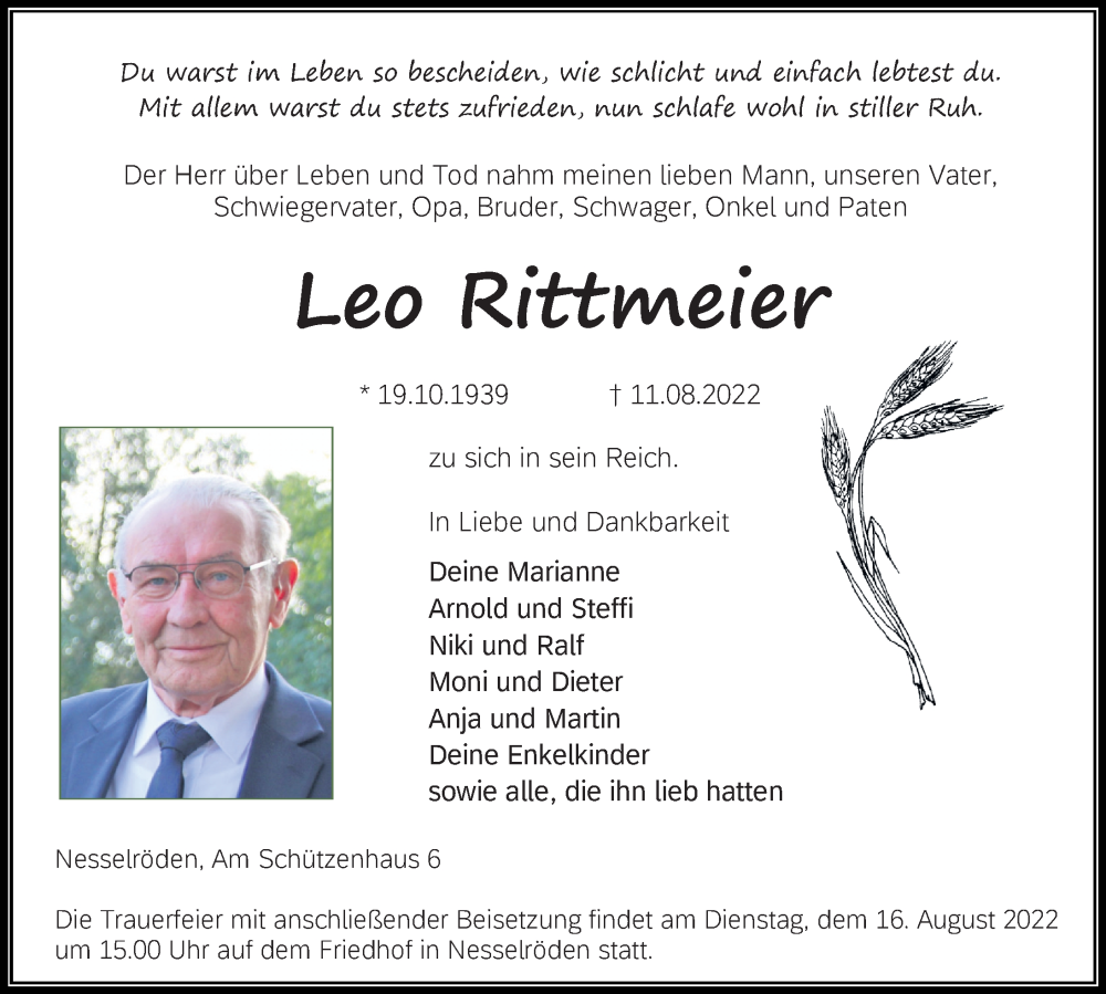  Traueranzeige für Leo Rittmeier vom 13.08.2022 aus Eichsfelder Tageblatt