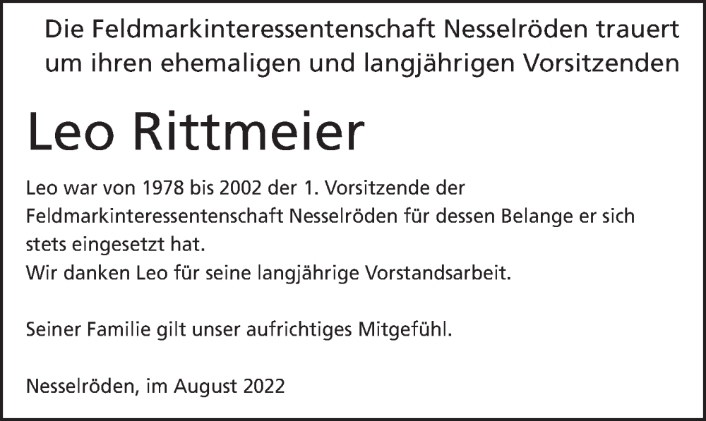  Traueranzeige für Leo Rittmeier vom 16.08.2022 aus Eichsfelder Tageblatt