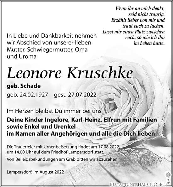 Traueranzeige von Leonore Kruschke von Leipziger Volkszeitung