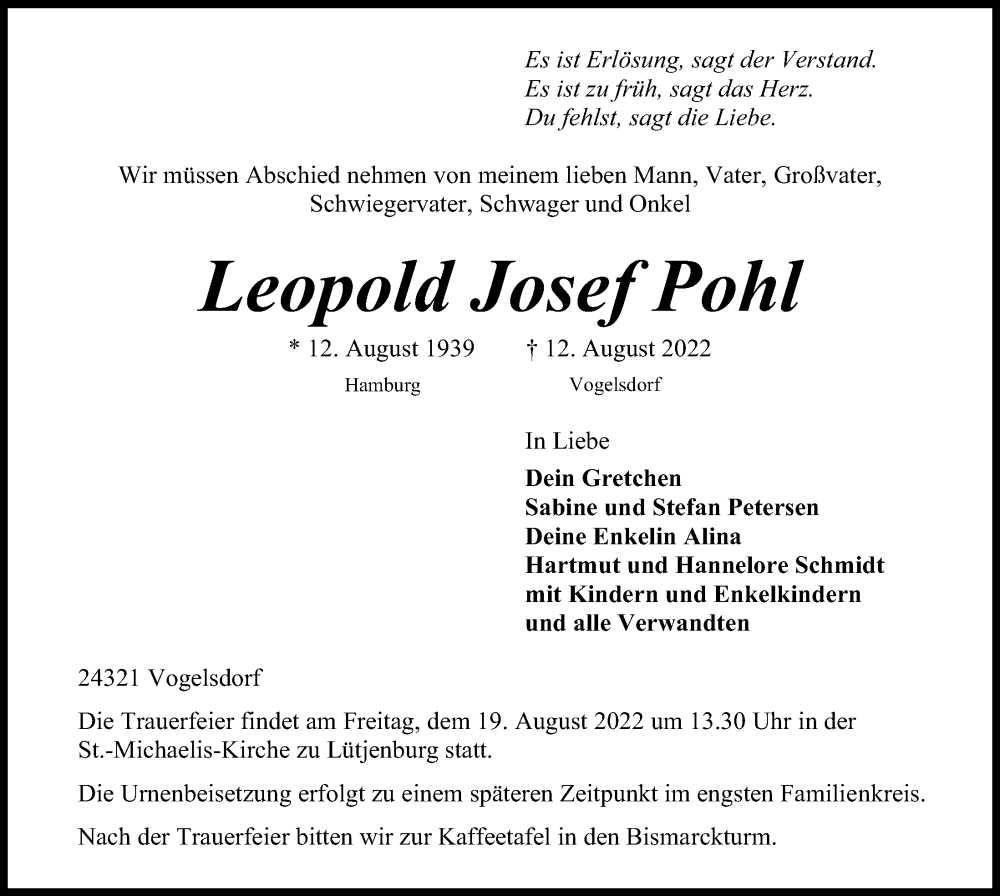  Traueranzeige für Leopold Josef Pohl vom 17.08.2022 aus Kieler Nachrichten