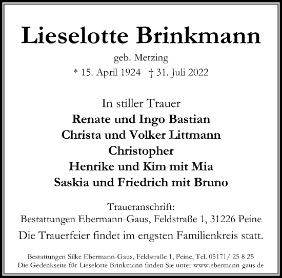 Traueranzeige von Lieselotte Brinkmann von Peiner Allgemeine Zeitung