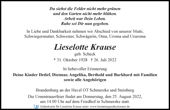 Traueranzeige von Lieselotte Krause von Märkischen Allgemeine Zeitung