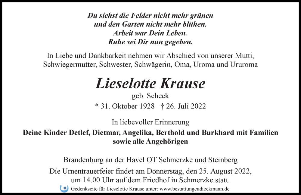  Traueranzeige für Lieselotte Krause vom 06.08.2022 aus Märkischen Allgemeine Zeitung