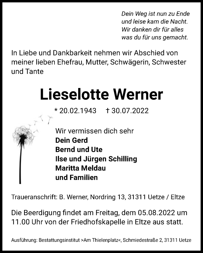  Traueranzeige für Lieselotte Werner vom 03.08.2022 aus Hannoversche Allgemeine Zeitung/Neue Presse