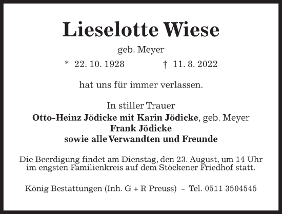 Traueranzeige von Lieselotte Wiese von Hannoversche Allgemeine Zeitung/Neue Presse