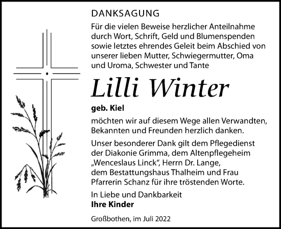 Traueranzeige von Lilli Winter von Leipziger Volkszeitung