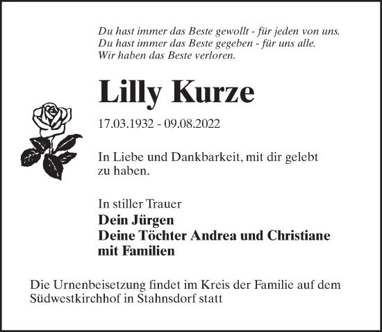 Traueranzeige von Lilly Kurze von Märkischen Allgemeine Zeitung