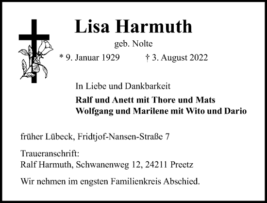 Traueranzeige von Lisa Harmuth von Lübecker Nachrichten