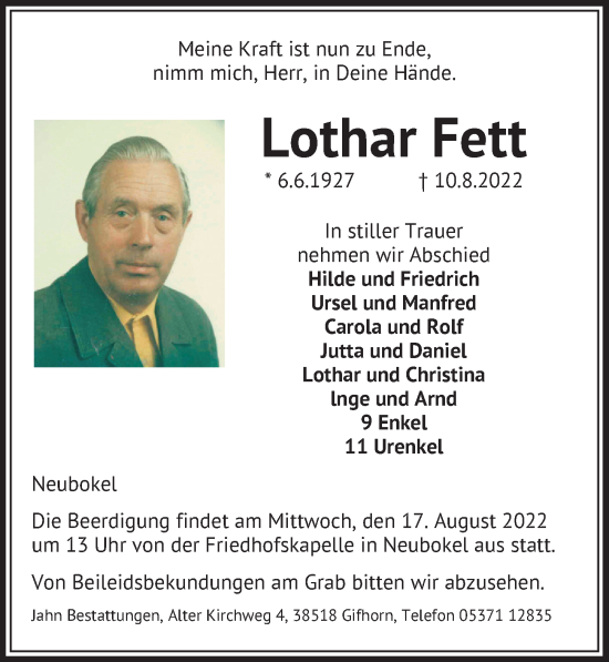Traueranzeige von Lothar Fett von Aller Zeitung
