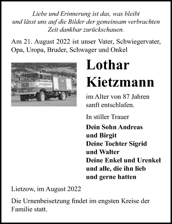 Traueranzeige von Lothar Kietzmann von Ostsee-Zeitung GmbH