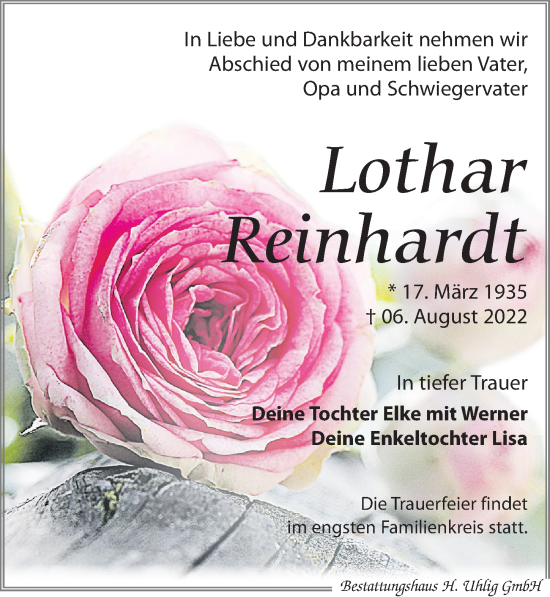 Traueranzeige von Lothar Reinhardt von Leipziger Volkszeitung